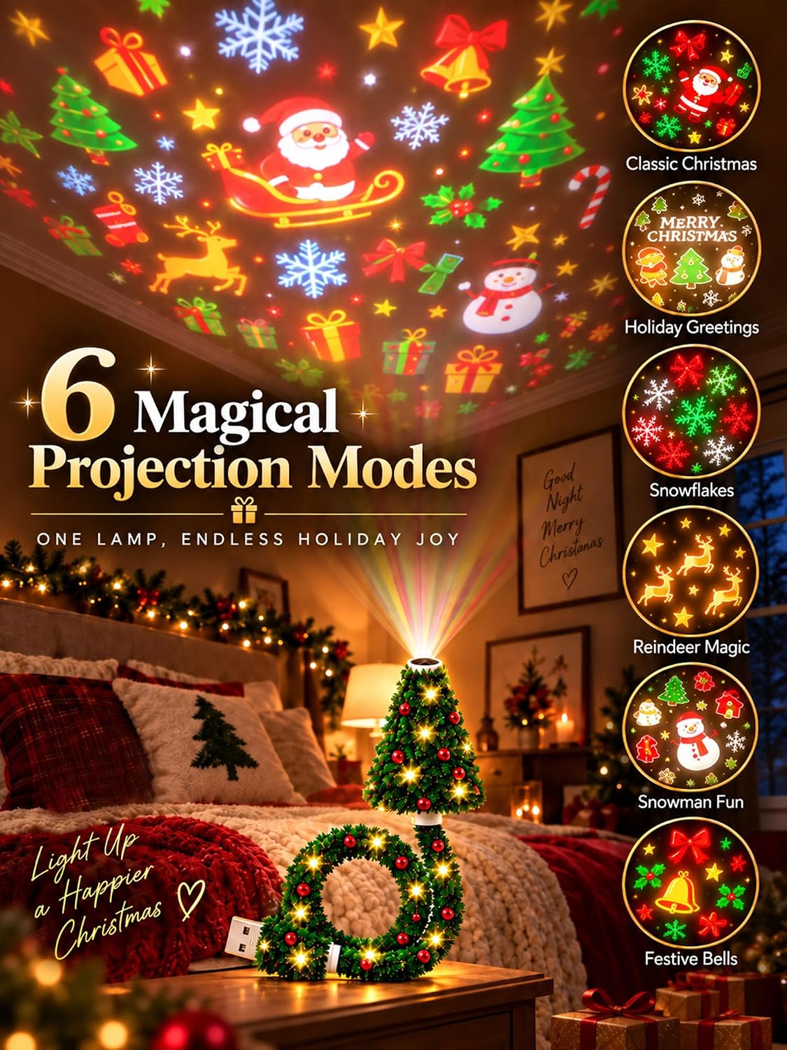Plug and Play Hd USB Christmas Tree Projector with 6 Festive Scenes