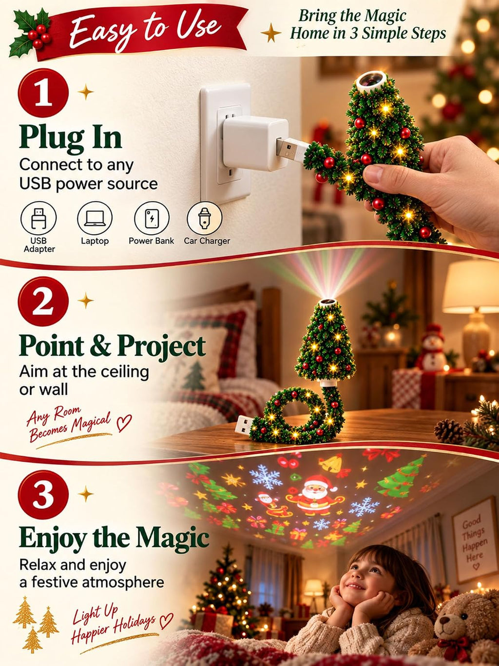 Plug and Play Hd USB Christmas Tree Projector with 6 Festive Scenes