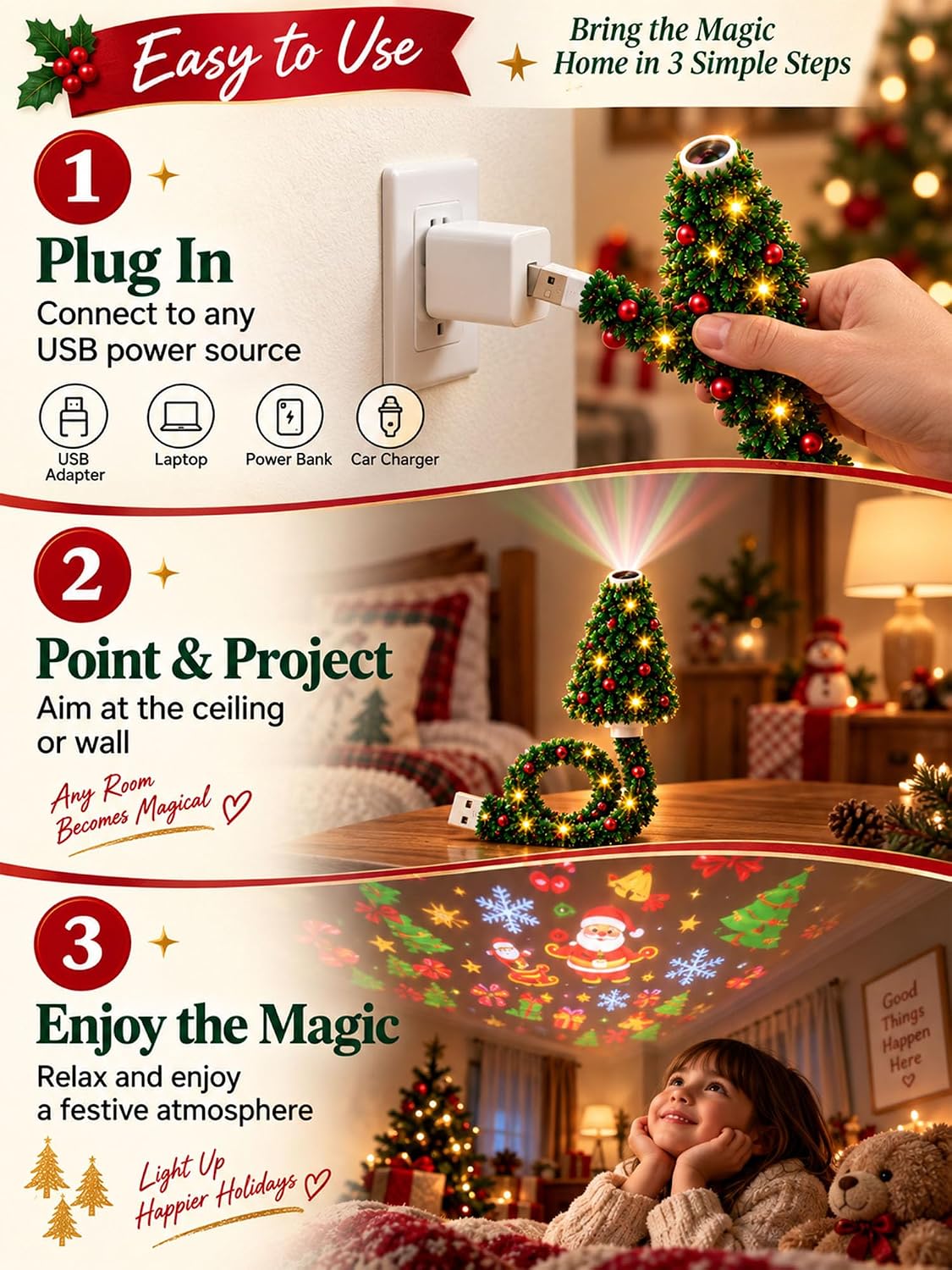 Plug and Play Hd USB Christmas Tree Projector with 6 Festive Scenes