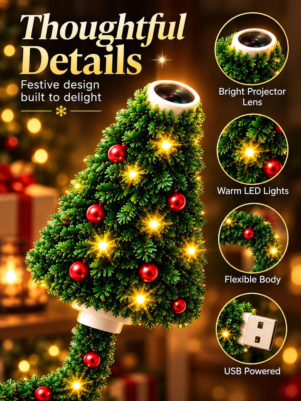 Plug and Play Hd USB Christmas Tree Projector with 6 Festive Scenes