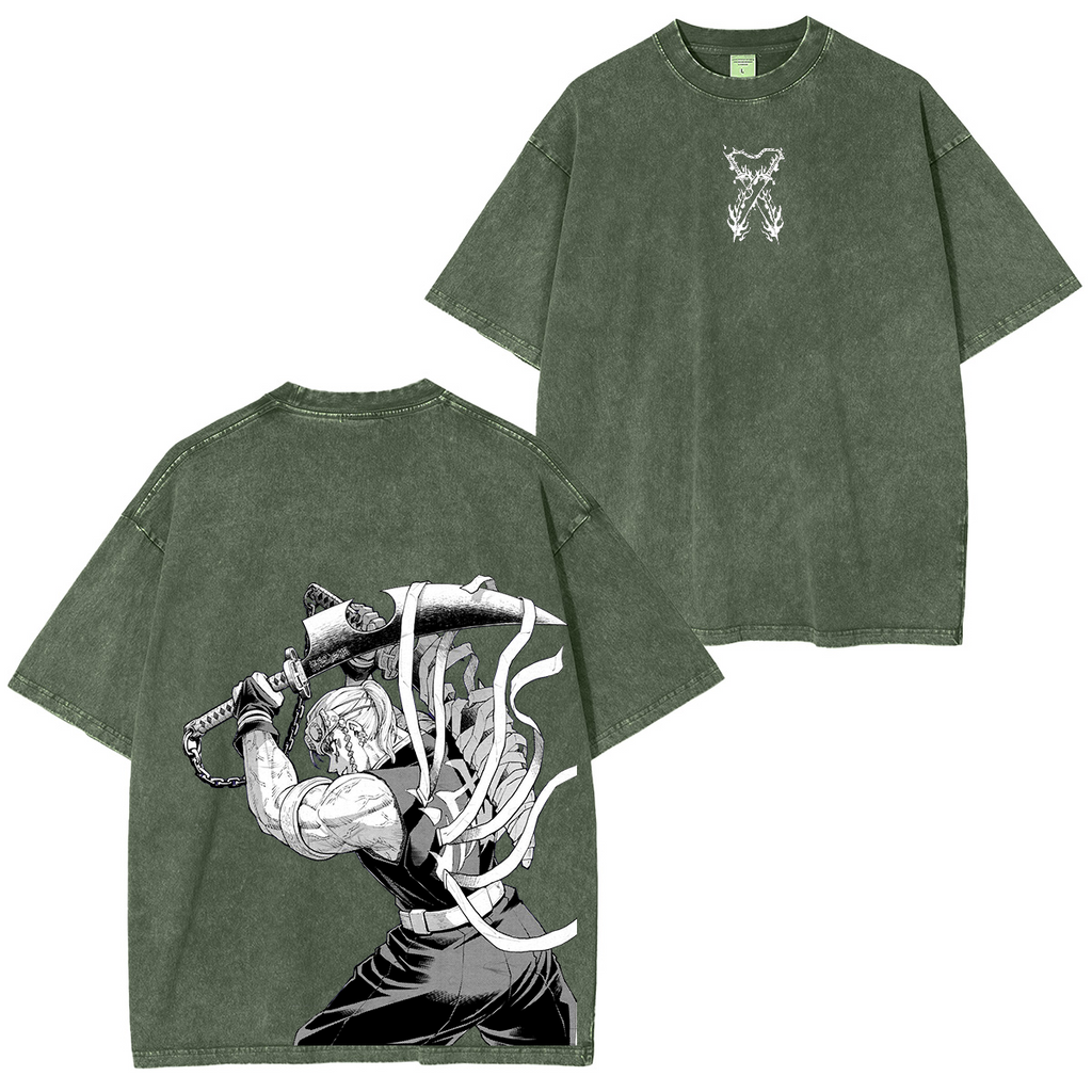 Retro TENGEN UZUI "Sound Hashira" ,Demon Slayer Anime Unisex Washed T-Shirt